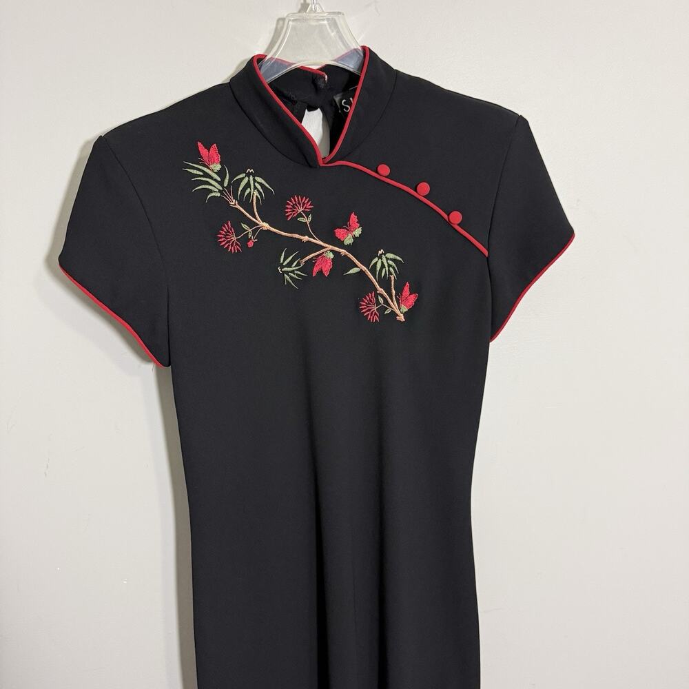S.L. Fashions Black Floral Embroidered Sleeveless Cheongsam Dress Size 12 READ - Picture 4 of 8